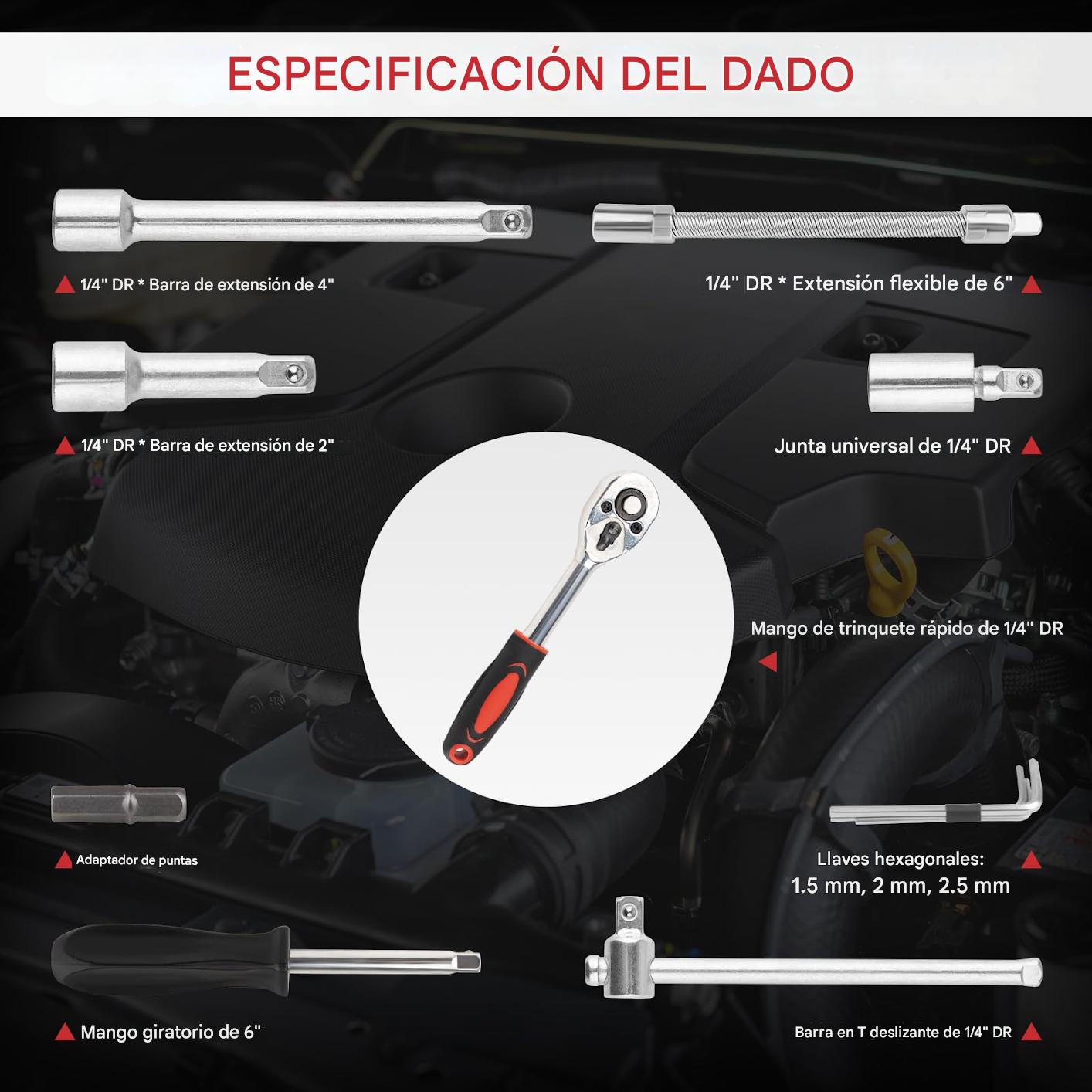 (30% DE DESCUENTO) Juego de 46 llaves de vaso de 1/4", llave de carraca, llave métrica, juego de llaves de vaso pequeñas para reparación de motocicletas, coches y bicicletas.