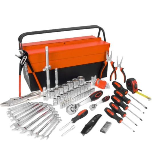 (30% DE DESCUENTO) Caja de herramientas de chapa con 5 compartimentos y 2 asas. (108 herramientas para uso profesional)