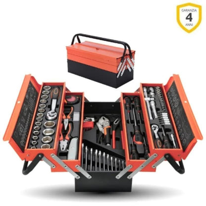 (30% DE DESCUENTO) Caja de herramientas de chapa con 5 compartimentos y 2 asas. (108 herramientas para uso profesional)