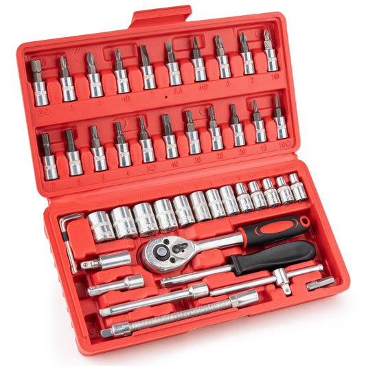 (30% DE DESCUENTO) Juego de 46 llaves de vaso de 1/4", llave de carraca, llave métrica, juego de llaves de vaso pequeñas para reparación de motocicletas, coches y bicicletas.