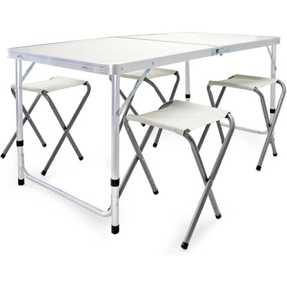 (30% DE DESCUENTO)Mesa de camping 120x60x70cm con 4 taburetes plegables