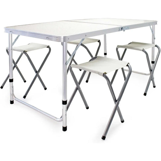 (30% DE DESCUENTO)Mesa de camping 120x60x70cm con 4 taburetes plegables