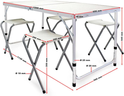 (30% DE DESCUENTO)Mesa de camping 120x60x70cm con 4 taburetes plegables