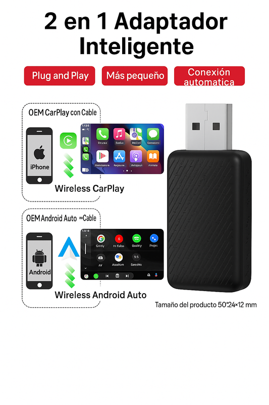 Adaptador Inteligente 2 en 1 para CarPlay y Android Auto Inalámbrico