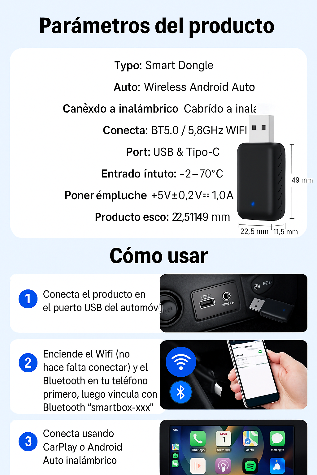 Adaptador Inteligente 2 en 1 para CarPlay y Android Auto Inalámbrico