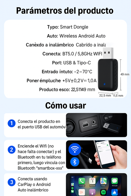 Adaptador Inteligente 2 en 1 para CarPlay y Android Auto Inalámbrico